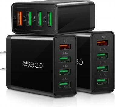 iSeekerKit Fast 3.0 Wall Charger, 3-Pack 4 Ports USB Wall Charger Adapter Fast USB Charging Block Compatible for Wireless Charger, Samsung Galaxy S9/S8 Note 8/9, iPhone, Pad, Tablet and More-Black