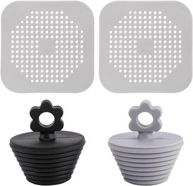 beiyoule Bathtub Stopper & Drain Cover Set - 2pcs Silicone Bath Tub Stoppers, 2pcs Shower Drain Hair Catcher with Suction Cups, for Bathroom, Bathtub, Kitchen (Grey, Black)