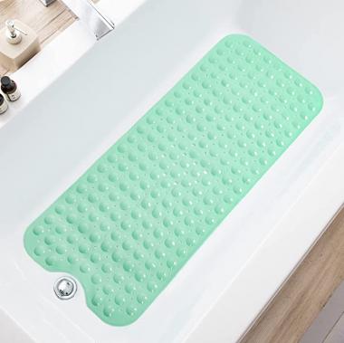 TEESHLY Bath Tub and Shower Mats, Non-Slip 39 x 16 Inch Extra Long Bath Mat,Machine Washable Bathtub Mat with Drain Holes, Suction Cups for Bathroom (Opaque Pale Green)