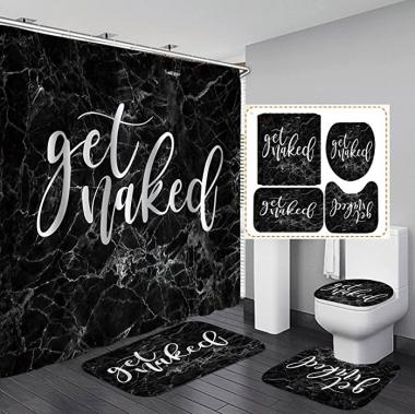 Camille&Andrew 4PCS/Set Black Marble Texture Get Naked Shower Curtain, Simple Modern Abstract Art Funny Quote Bathroom Sets, Fabric Bath Curtain, Non-Slip Bathroom Mat Bath Rug Toilet Carpet, Marble