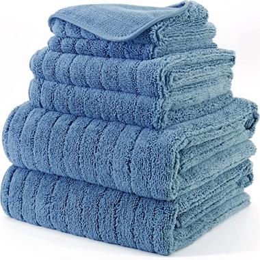 Polyte Oversize, 60 x 30 in., Quick Dry Lint Free Microfiber Bath Towel Set, 6 Piece (Blue, Ribbed Design)