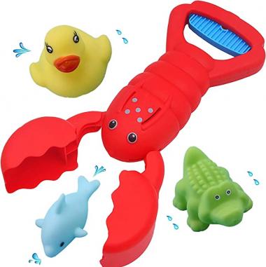 Grabber Baby Bath Toys - Cute Colorful Lobster Claw Catcher with 3 Fish Toys – Safe & Nontoxic Water Toys for Bath Tubs, Swimming Pools & Outdoors - Educational Games for Toddlers & Kids