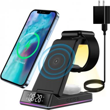 3 in 1 Wireless Charger with Clock/Alarm and Night Light, Qi Fast Wireless Charging Dock Compatible with Apple Watch 7/6/5/4/3/2/SE & AirPods 3/2/Pro & iPhone 13/12/11/Samsung/More Qi Enabled Phones