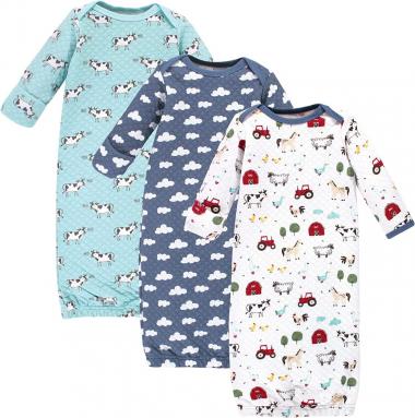 Hudson Baby Unisex Baby Quilted Cotton Gowns 3pk, Boy Farm Animals, 0-6 Months