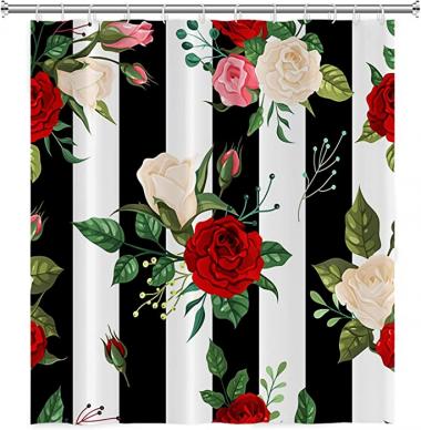 Leowefowa Flower Shower Curtain Black White Stripes Red Rose Peony Floral Bloom Shower Curtains Bouquet Spring Plant Nature Botanical Elegant Chic Girls Bath Curtain Polyester Fabric 72Wx72H Inch