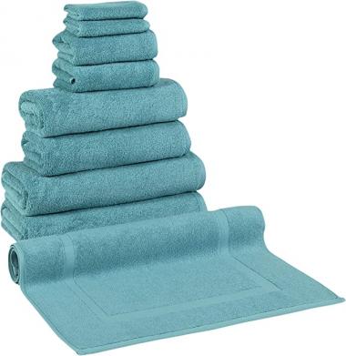 Classic Turkish Towels - Premium Cotton Quick-Dry 9 PC Bath Towel and Bath Mat Set - Soft, Lightweight, Bathroom Towels Made with 100% Turkish Cotton (Aqua)