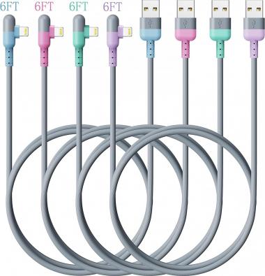 4Colorful iPhone Charger Lightning Cable, HYXing [4-Pack 6/6/6/6ft], 90 Degree Charging Cord, Apple MFi Certified for iPhone 13/12/11/SE/Xs/XS Max/XR/X/8 Plus/7/6 Plus,iPad Pro Air2,and More (Grey+)