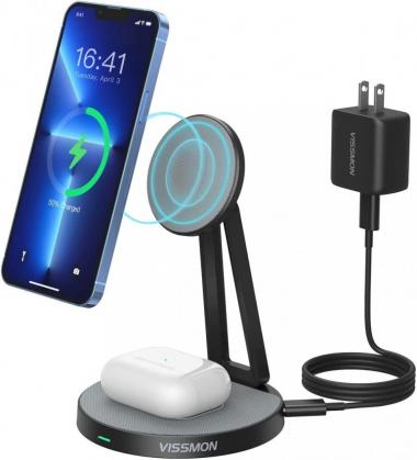 Magnetic Wireless Charger Stand, 2 in 1 Wireless Charging Station Compatible with MagSafe Charger for iPhone 13 Pro Max/13 Pro/13 Mini/13/12 Pro Max/Pro/Mini/12 AirPods Pro/3/2