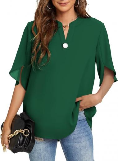 Funlingo Women's Summer Tops Short Sleeve Casual Shirts V Neck Chiffon Dressy Blouse Tops