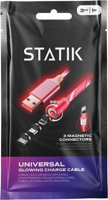 Statik GloBright Universal Light-Up Cable - Magnetic Smart Fast Charging Charger with Durable Nylon Braid - Lights up in The Dark (Red)