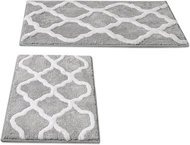 Bath Rugs-Non-Slip Microfiber Bath Mat, 2 Pieces Strong Absorbent Ultra Soft Bath Rugs for Bathroom, Perfect Plush Bathroom Rugs for Tub, Shower, and Bathroom（Grey/White 32×20 inch, 24×17 inch）