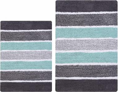 Bathroom Rugs Luxury Stripe Bath Rug Set 21x32- 17x24 Grey-Aqua ,2Piece Mat Set, Soft Plush Anti-Skid Shower Rug +Toilet Mat.Shaggy Carpet, Super Absorbent mats, Machine Washable Bath Mat,