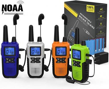 4 Long Range Walkie Talkies Rechargeable for Adults - NOAA 2 Way Radios Walkie Talkies 4 Pack - Long Distance Walkie-Talkies with Earpiece and Mic Set Headsets USB Charger Battery Weather Alert