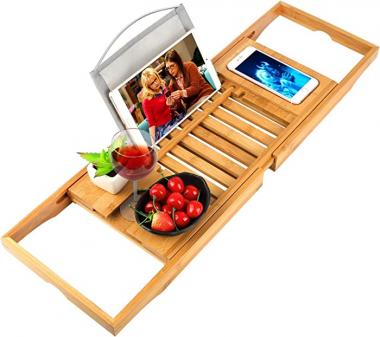 oobest Bathtub Tray Bamboo Bathtub Caddy Tray with Extending Sides Adjustable Book Holder with Premium Luxury Tray Organizer for Phone and Wineglass (Natural Bamboo Color)