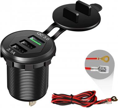 Quick Charge 3.0 Car Charger, 12V/24V 35W QC3.0/2.0 USB Charger Socket, 3 USB Charger Socket Power Outlet Fast Charge with Wire Fuse Aluminum Car Boat Marine ATV Bus Truck Golf Cart and More(Black