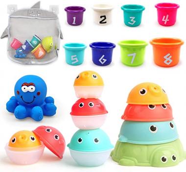 MoraBaby Baby Bath Stacking Toys with Organizer Bag, 8 Stacking Cup Toys, 4 Stack Up Squirts Animal Balls and 1 Floating Blue Octopus, Bath Time Fun Splash Toys, Gifts for Toddler 1-3 Years