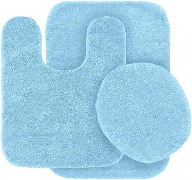 Fancy Linen 3pc Solid Non-Slip Bath Mat Set Bathroom U-Shaped Contour Rug, Mat and Toilet Lid Cover New # 6 (Light Blue)