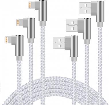 iPhone Charger 10ft 90 Degree Lightning Cable Right Angle iPhone Charging Cable 3 Pack Nylon Braided Charger Cord Compatible with iPhone 12/11/XR/X/8 Plus/7 Plus/6 Plus (Silver)