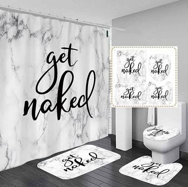 AAtter Get Naked Shower Curtain Sets White and Black Marble Polyester Fabric Curtains with Non-Slip Rugs, Toilet Lid Cover and Bath Mat for Bathroom Set 4 Pcs (W60''xH72'') 12 Hooks Included