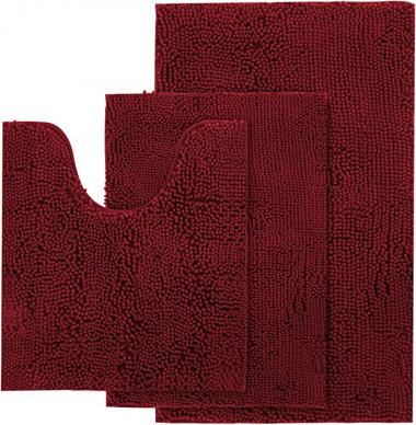 AOACreations Chenille Shag Bath Rugs, Shaggy Bathroom Mat Set of 3 Piece, Soft Plush Luxury, High Pile, Absorbent, Non-Slip, 1 Large, 1 Contour, 1 Small (3-Piece Contour Set, Burgundy Red)