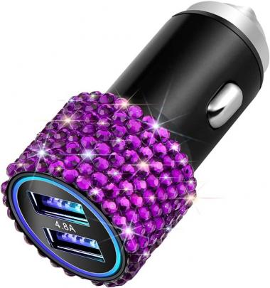 OTOSTAR Dual USB Car Charger, 4.8A Output, Bling Rhinestones Car Decorations Accessories Fast Charging Adapter for iPhones Android iOS, Samsung Galaxy, LG, Nexus, HTC (Violet)