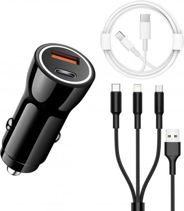 iPhone Fast Car Charger【Apple MFi Certified】Dual USB C&USB Power Rapid Car Charger Adapter with 6FT Fast Charging Cable and 3in1 Cord for iPhone 14 13 12 11 Pro/XS/XR/SE/X/iPad/AirPods,Samsung Galaxy