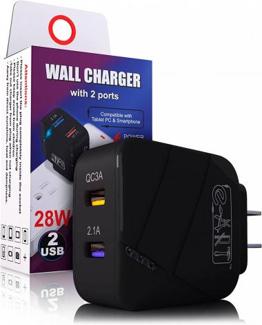 e-ART USB Wall Charger - QC3.0 Amps – Tablet Dual Port USB Charger Block - Phone Charger - Fast Charger Plug for iPhone 14 13 12 11 Pro Max 10-28W LED Wall Charger Block in Gift Box (Black)