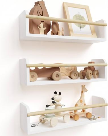 Decorative Nursery Bookshelves for Kids - Set of 3 Easy to Install Floating Shelves for Wall Mount - Beautiful Hanging Organizer Furniture for Your Baby Boy or Girl's Bedroom and Play Room Decor