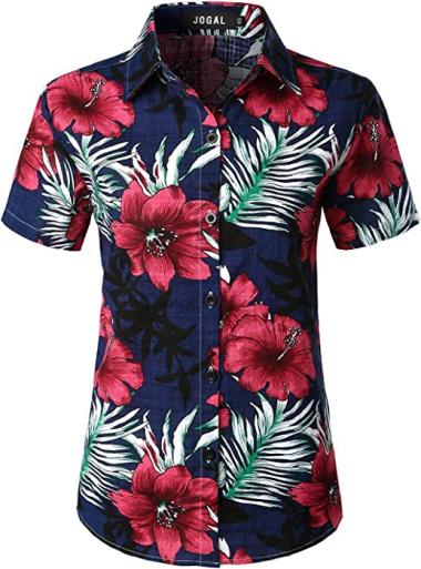 JOGAL Women's Floral Blouse Casual Button Down Short Sleeve Aloha Hawaiian Shirt