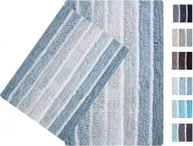 2-Piece Cotton Alpine Stripe Bath Rug Set - 100% Cotton Bath Mat Rug - 21x32/17x24 - Soft Absorbent Machine Washable - Blue