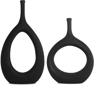 SANFERGE Set of 2 Black Ceramic Flower Vase, Hollow Oval Vase for Home Décor Office Decoration, Modern Geometric Vases Figurines Ornament for Living Room Bedroom Dining Table