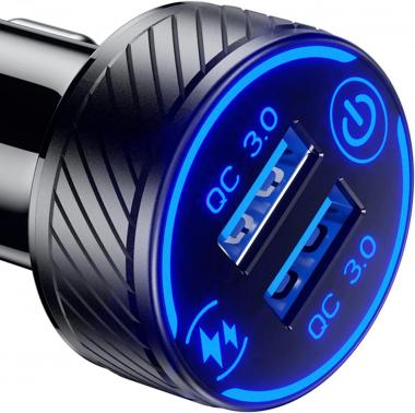 Car Charger, BRCOVAN Dual QC3.0 Port USB Car Charger Adapter, 36W 3A Fast Charge Car Phone Charger with Touch Switch & Blue LED