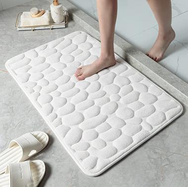 Yonchic Memory Foam Bath Mat, Cobblestone Embossed Coral Fleece Bath Rug, Rapid Water Absorbent, Non Slip, Washable, Thick, Soft and Comfortable Carpet for Shower Room (16x24 inch, White)