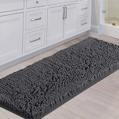 Flamingo P Bath Rug Runner for Bathroom Oversized Non Slip Bathroom Rug Water Absorbent Washable Rug Runner for Hallway Feature Extra Thick Bouncy Fluffy Chenille, Charcoal Grey - 59" x 20"