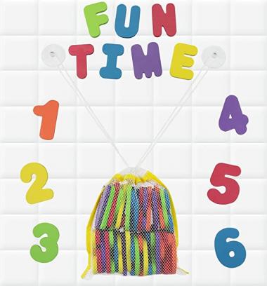 Click N’ Play 36 Piece Play Set of Bath Foam Letters & Numbers with Mesh Bag Organizer, Non Toxic & BPA Free, Colorful, Educational & Fun ABC Foam Bath & Shower Toys for Baby & Toddlers