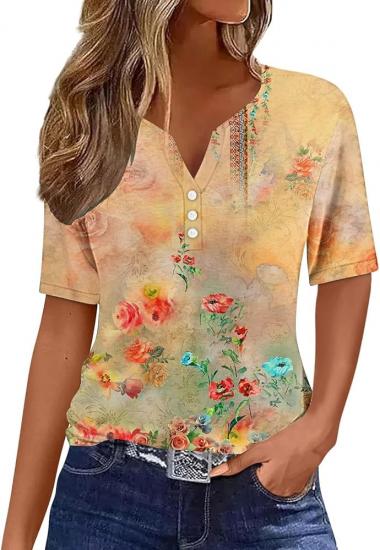 Womens Summer Floral Tops Plus Size Short Sleeve Blouse Tops Dressy Casual V Neck Button Down Summer Trendy clothes