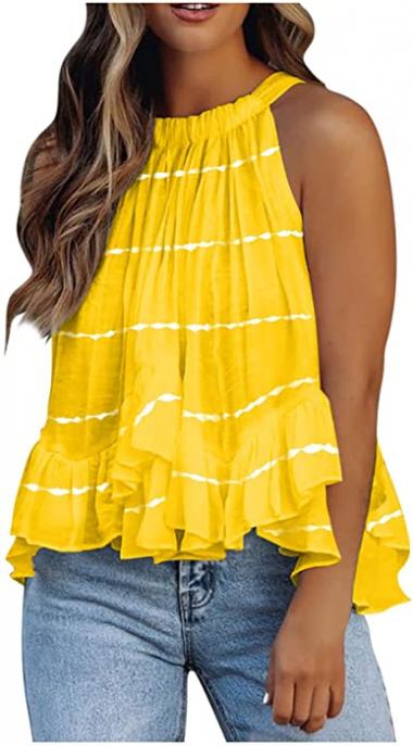 Womens Summer Tops 2022 High Neck Summer Boho Floral Halter Tank Tops Babydoll Ruffled Flowy Sleeveless Shirts Blouses