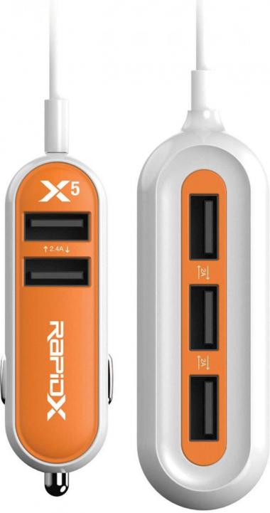 RapidX X5 Car Charger with 5 USB Ports for iPhone and Android - Orange