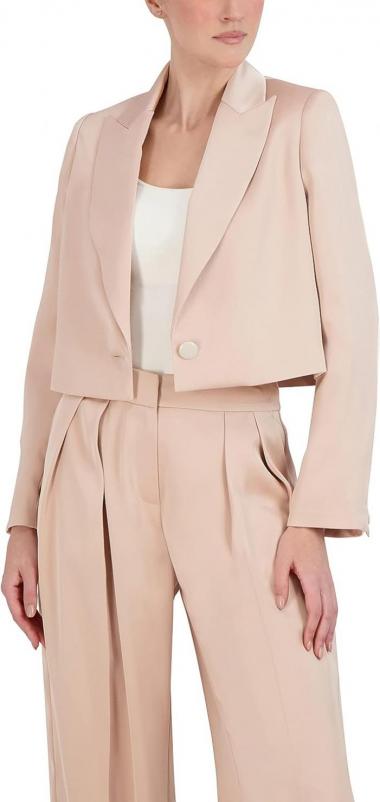 BCBGMAXAZRIA Women's Relaxed Cropped Satin Jacket Long Sleeve V Neck Peak Lapel Button Front