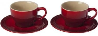 Le Creuset Stoneware Set of 2 Cappuccino Cups and Saucers , 7 oz. each, Cerise