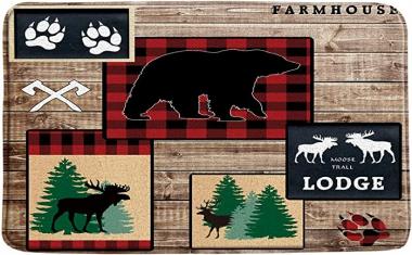 MNSC Bear Bath Mat Rustic Moose Bear Buffalo Plaid Band Deer Forest Animal Lodge Cabin Vintage Wooden Country Farm Wildlife Retro Microfiber Memory Foam Bathroom Decor Mat Non Slip Backing, 31" X 20"