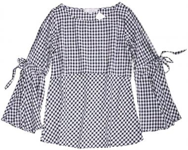 Women's Petite - Gingham Check Bell Tie-Sleeve Blouse