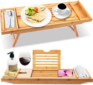 SereneLife Bath Caddy Breakfast Tray Combo - Natural Bamboo Wood Waterproof Bath Tub Caddy and Bed Tray with Folding Slide-Out Arms, Device Grooves, Wine Glass and Soap Holder SLBCAD50.5 , Brown