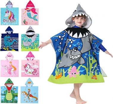 Athaelay Hooded Bath Beach Poncho Towels for Kid Boys Girls Swim Cover-ups Cloak with Drawstring Bag, Great White Shark Theme