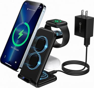 3 in 1 Wireless Charging Station [Dual Coil Stand],Fast Wireless Charger Stand Dock for Apple Watch 1-7, Airpods 1-3/Pro, iPhone 14/13/12/11/Pro/Max/X/Xs/XR/ 8/8 Plus, Qi-Enabled Android Phones