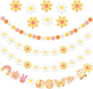 4 Pcs Felt Ball Garland Groovy Party Banner and Daisy Groovy Boho Garland Sets with 6.5 Feet Colorful Pom Pom Garland Pre Strung Hippie Party Decorations Spring Daisy Party Supplies for Wall Home Room