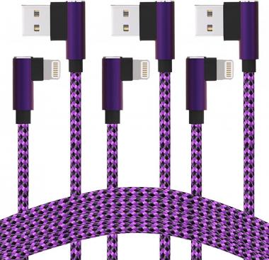 iPhone Charger 10FT Lightning Cable Right Angle 10 Foot USB A Cable Nylon Braided Fast Charge & Data Sync Cord for iPhone 14 13 12 11 Mini Pro Max XS XR X 8 7 Plus 6S/iPad (3 Pack, Purple)