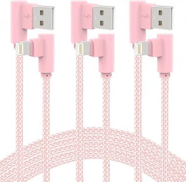 iPhone Charger 10Ft 3Pack Lightning Cable Right Angle MFi Certified Cable Nylon Braided Fast Charging Lightning Cord for iPhone 14 13 12 11 Pro Max XS XR 8 7 6 Plus/iPad (Pink)