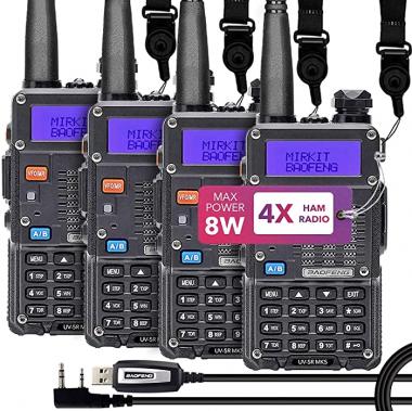 Mirkit 4X Ham Radios Baofeng UV 5R MK5 8 Watt Max Power with Mirkit Lanyards for Your Ham Radio - 1800 mAh Li-ion Battery and Baofeng Programming Cable Compatible with UV-5R, 5RA, uv82hp, bf 888s, 5RC