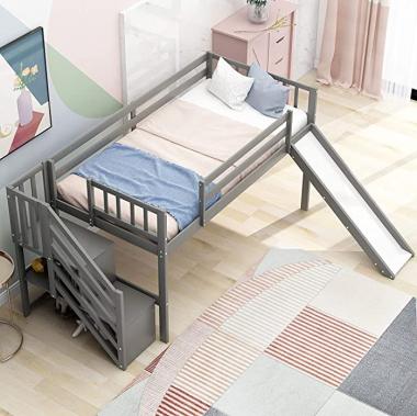 GAOPAN Twin Size Wood Loft Bunk Bed Frame Bedroom Guest Room Furniture with Slide, Stairs ,Safety Rail and Storage Shelves for Kids Teens Girls Boys Boys, No Box Spring Needed, Grey